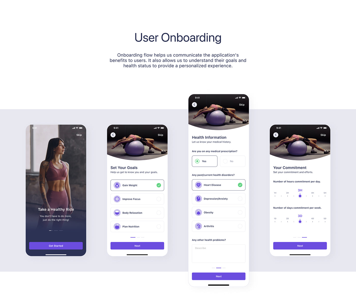 Fitness and Wellness mobile app - user onboarding visual design