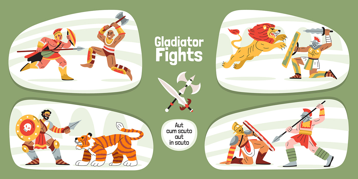 digital illustration adobe illustrator vector characters animals fights Rome Gladiator Weapon