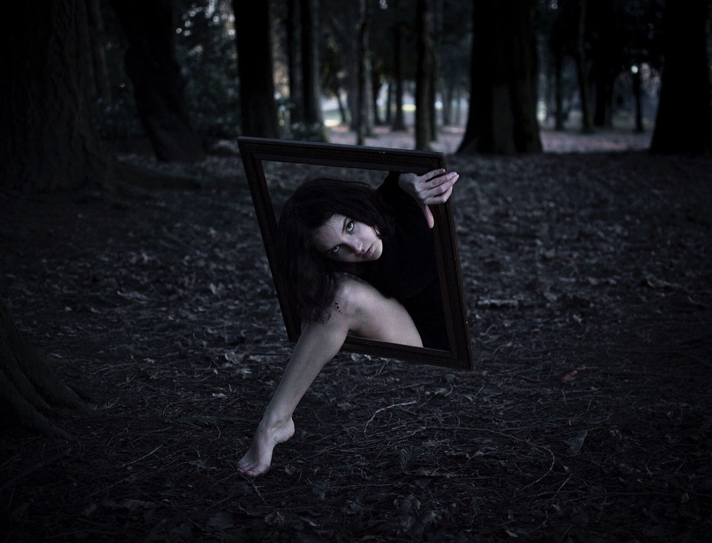 forest girl crawl Picture Frame dark woods creepy dimesion