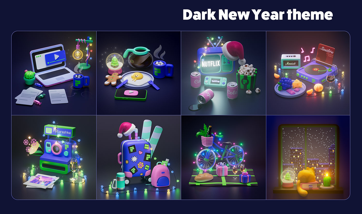 3d modeling 3d animation motion graphics  graphic design  icons pack blender new year Pack Mockup free