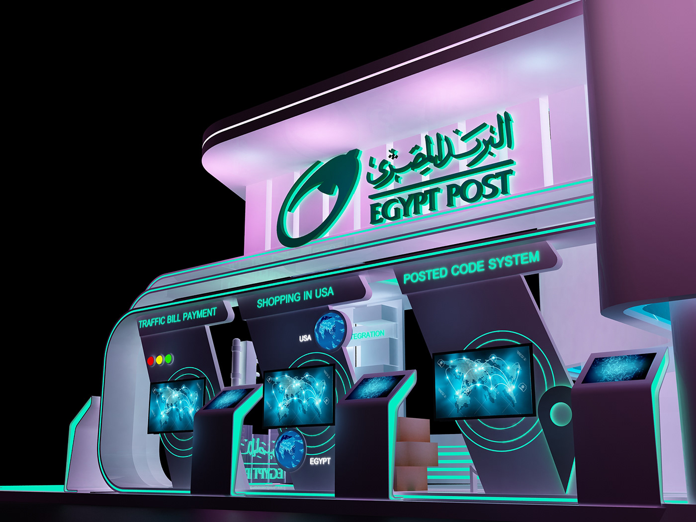 ict exhbo Exhibition  egypost neon futuristic elctro Display Kiosk booth