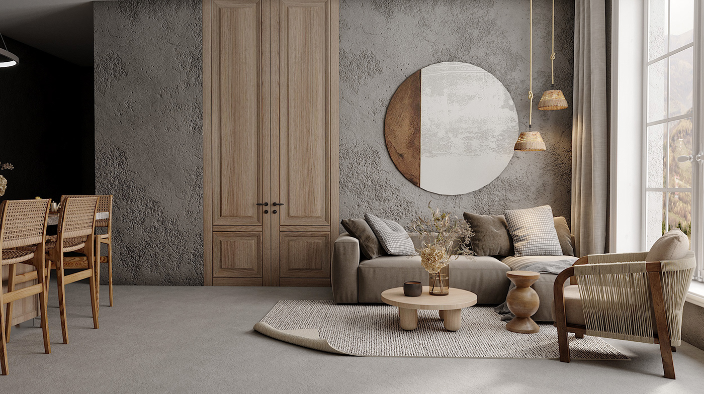 beige CG cgartist interiordesigner kitchendesign livingroomdesign Wabisabi