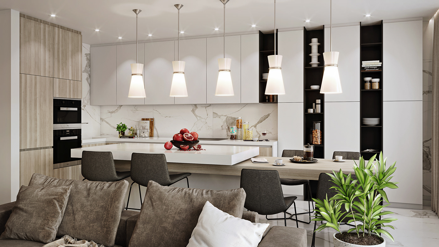 Render apartment livingroom kitchen SHOWER visualization