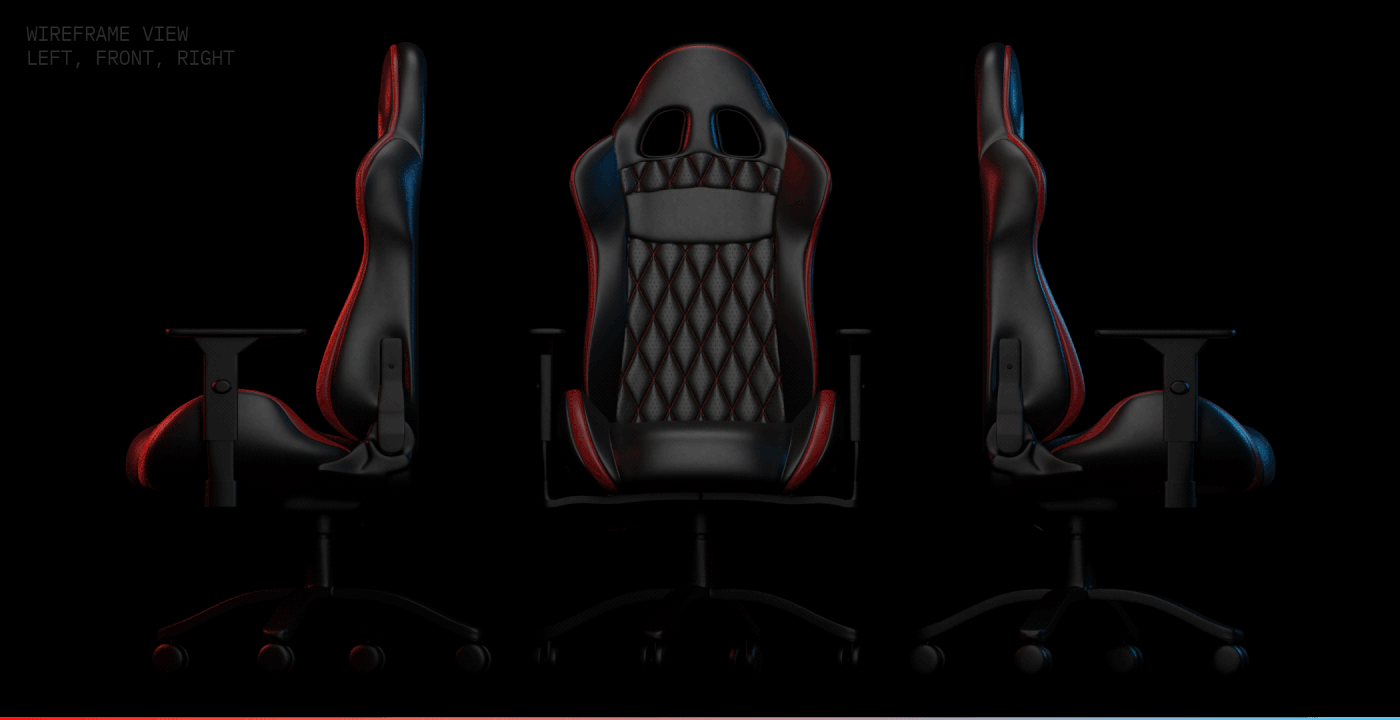 left, front and right side of chair blinking to show wireframe view of 3d model