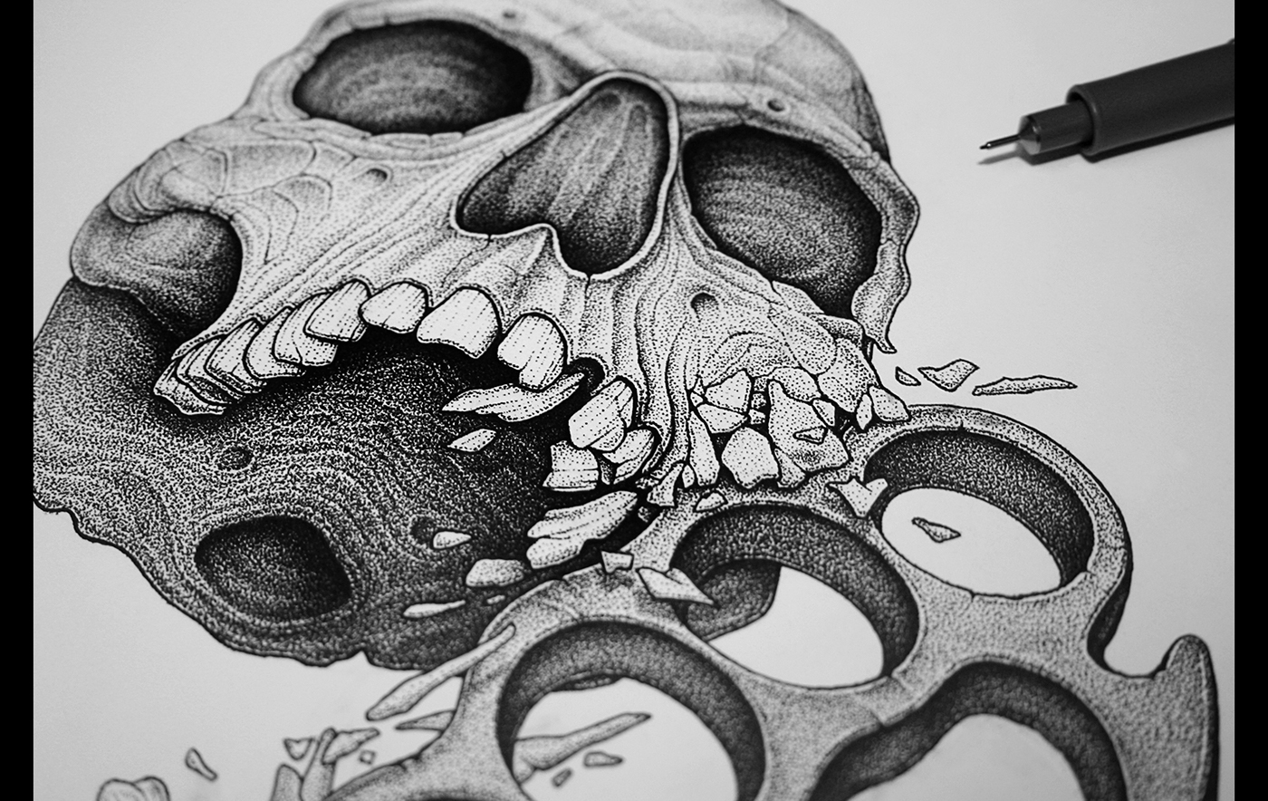 dotwork stippling Pointillism skull skulls brassknuckle darkart ink human skull artprint