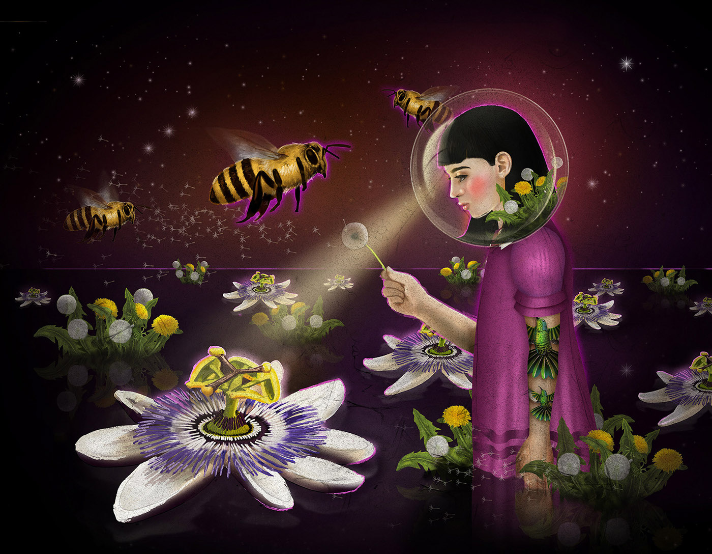 ILLUSTRATION  Drawing  digital painting Nature Flowers Rhino bees girl stars