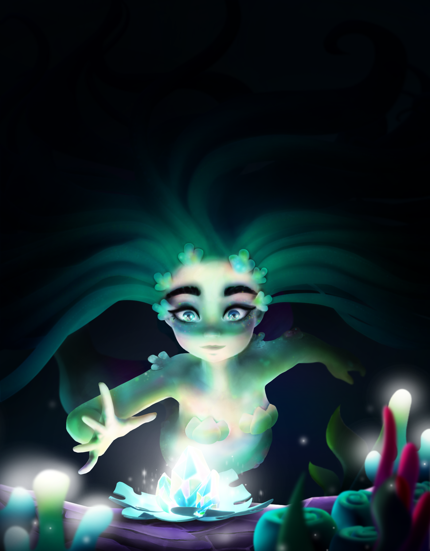 mermaid glow underwater bioluminescence crystal corals fantasy 3D 2D cute