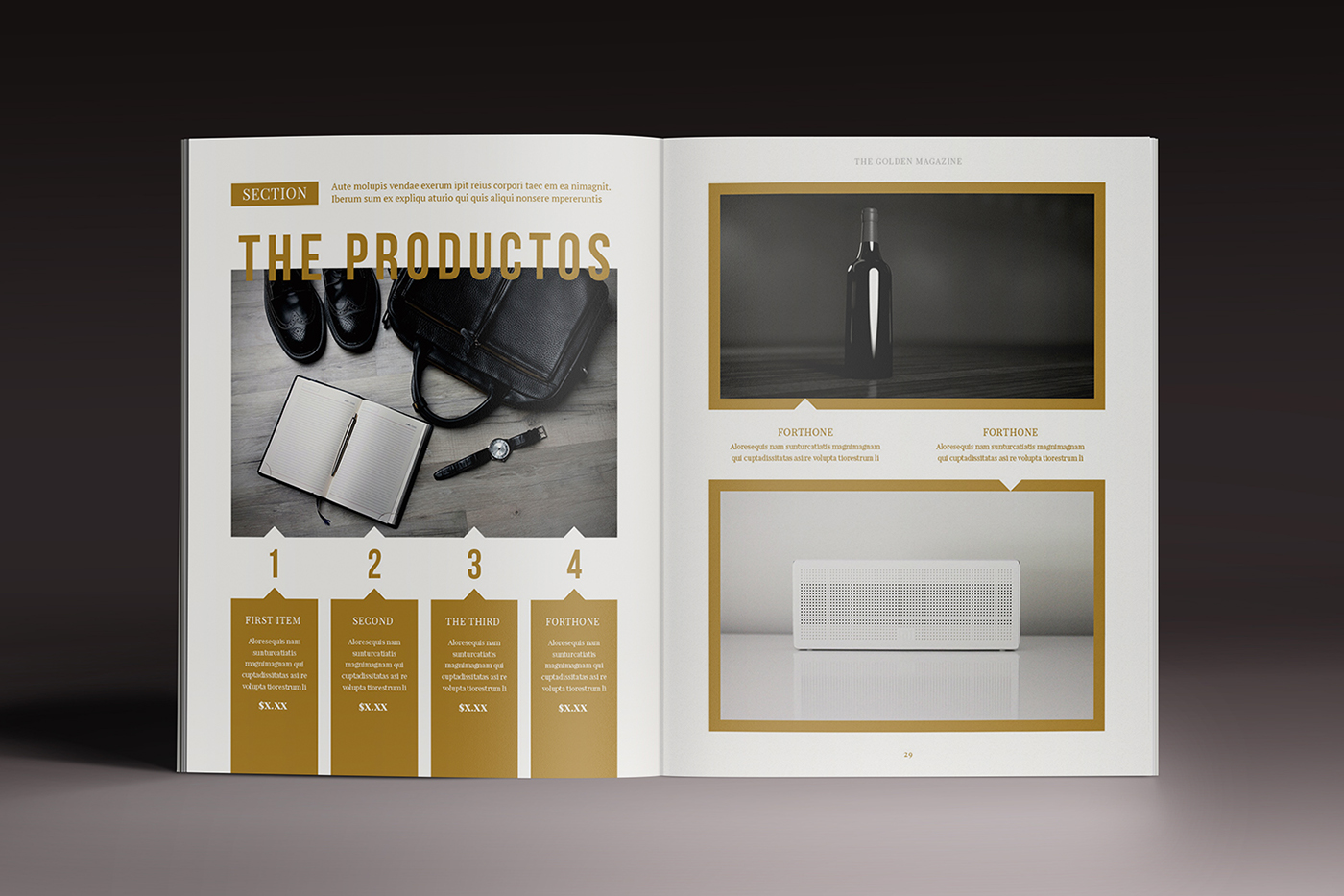 editorial magazine template gold golden InDesign print digital brochure grid