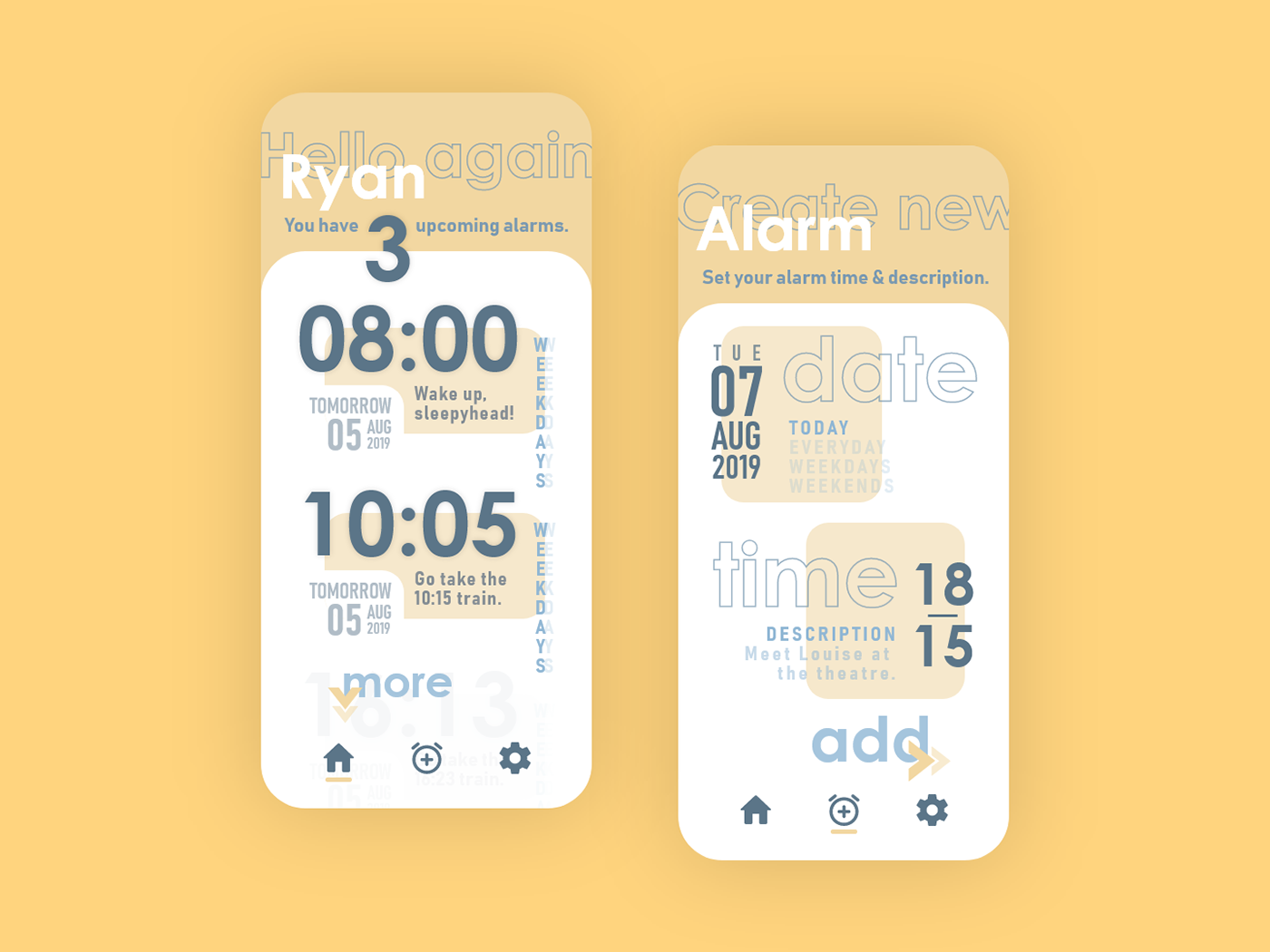 alarm app mobile UI ux design modern clean blue yellow