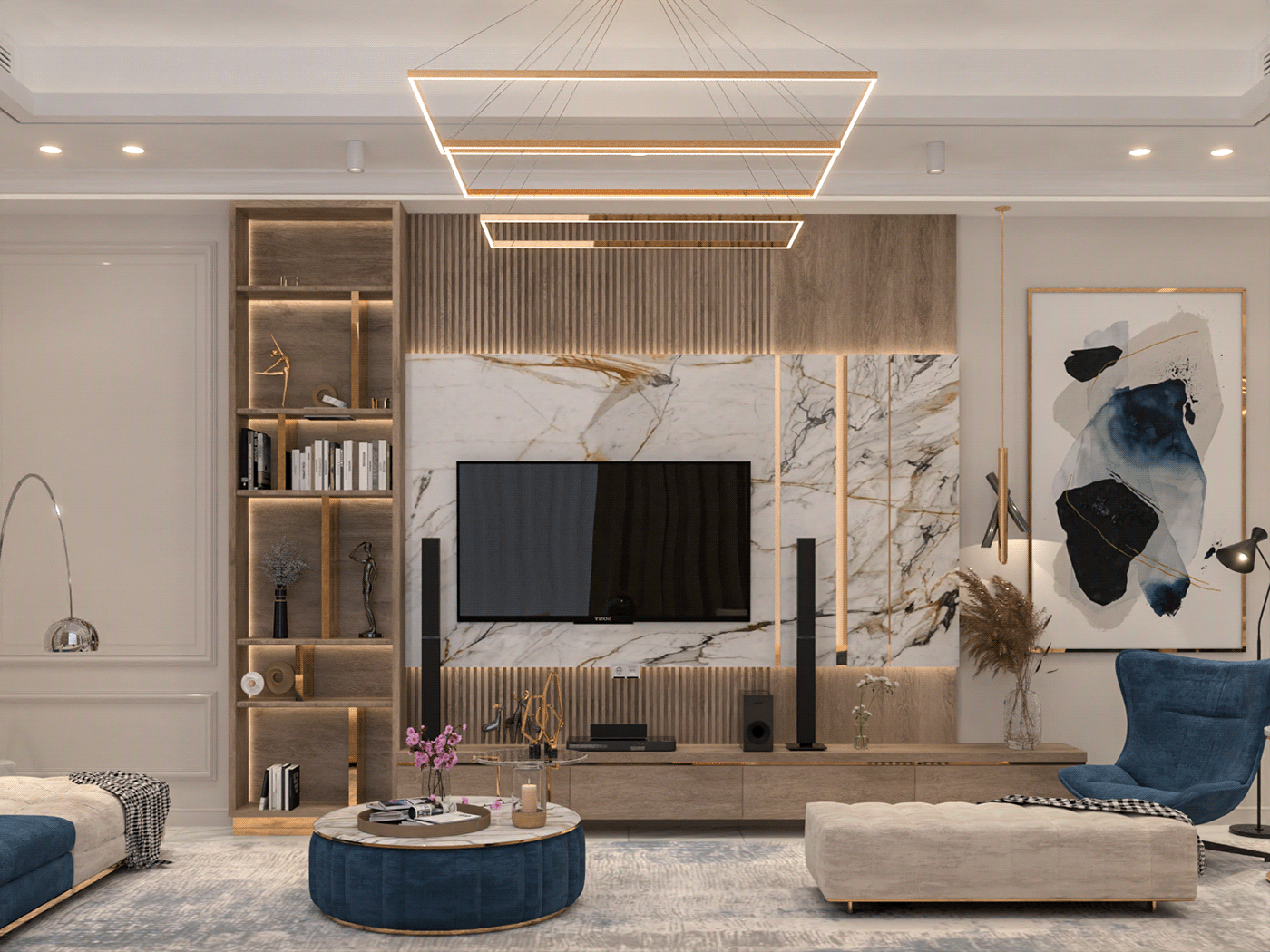 3D Views elegant gold interior design  living room luxury modern seating area SketchUP visualization