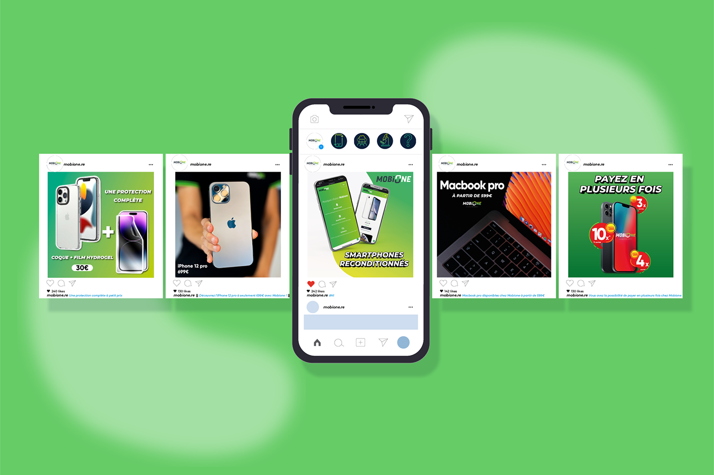 Facebook Ads Design refurbished iphone adobe illustrator Social media post Advertising  ads post apple macbook green designs Refurbished phones