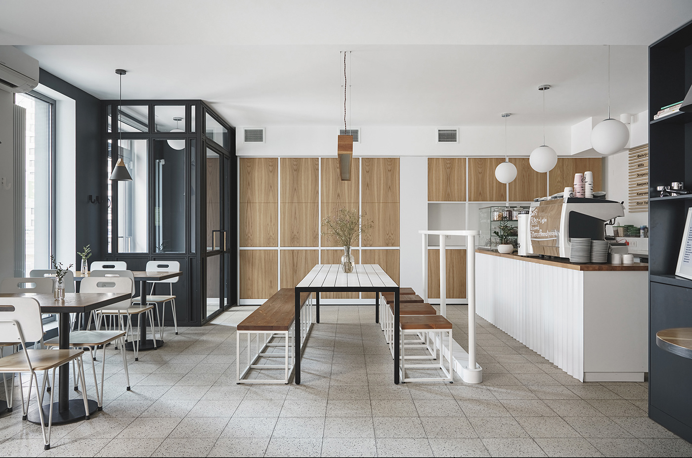 Interior Coffee cafe restaurant Minimalism White wood architecture interior design  Russia