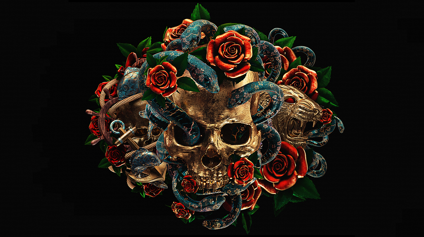 billelis tattoo ILLUSTRATION  navy vintage rose skull 3D Digital Art 