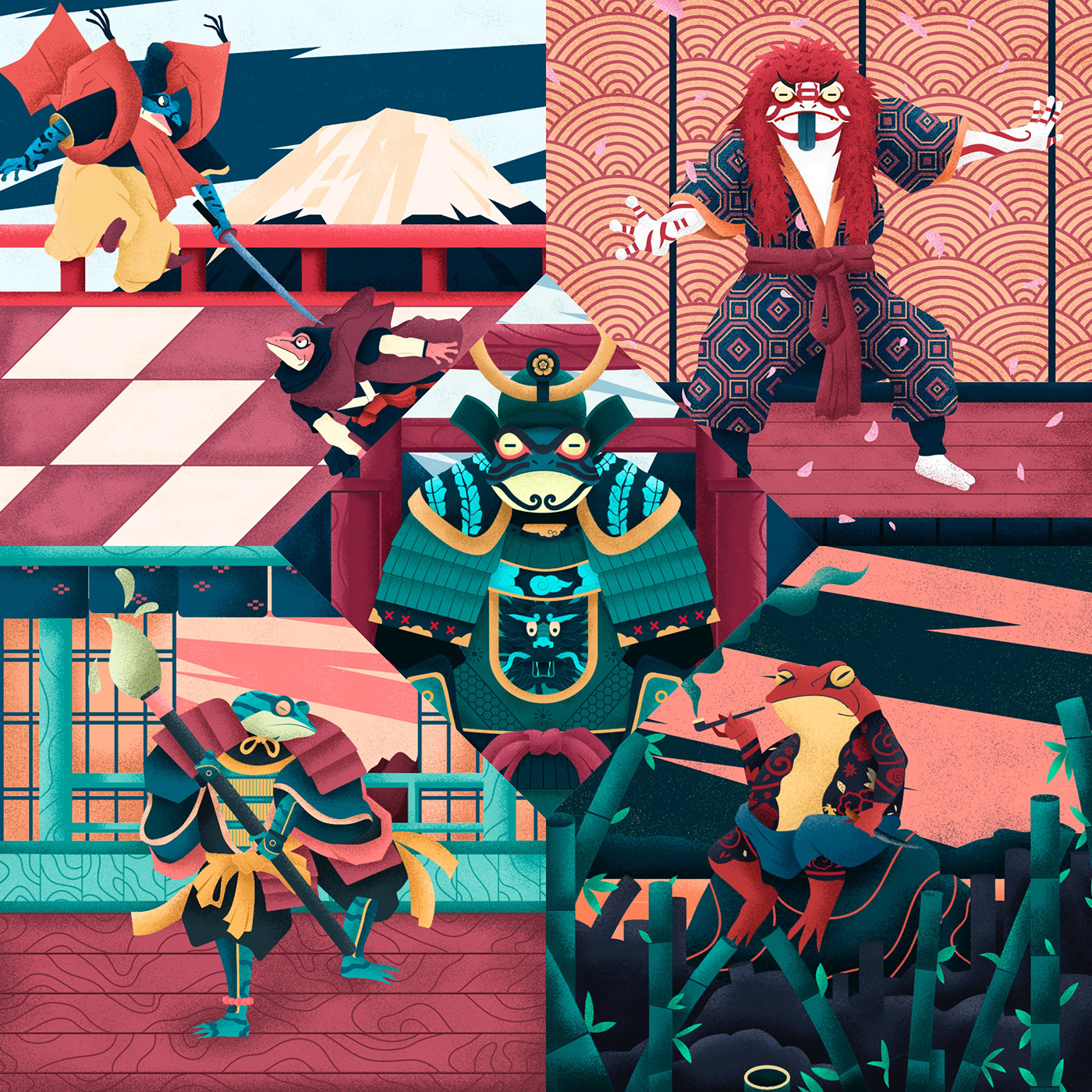 kaeru ukiyoe frogs japan vector characters Illustrator design colors