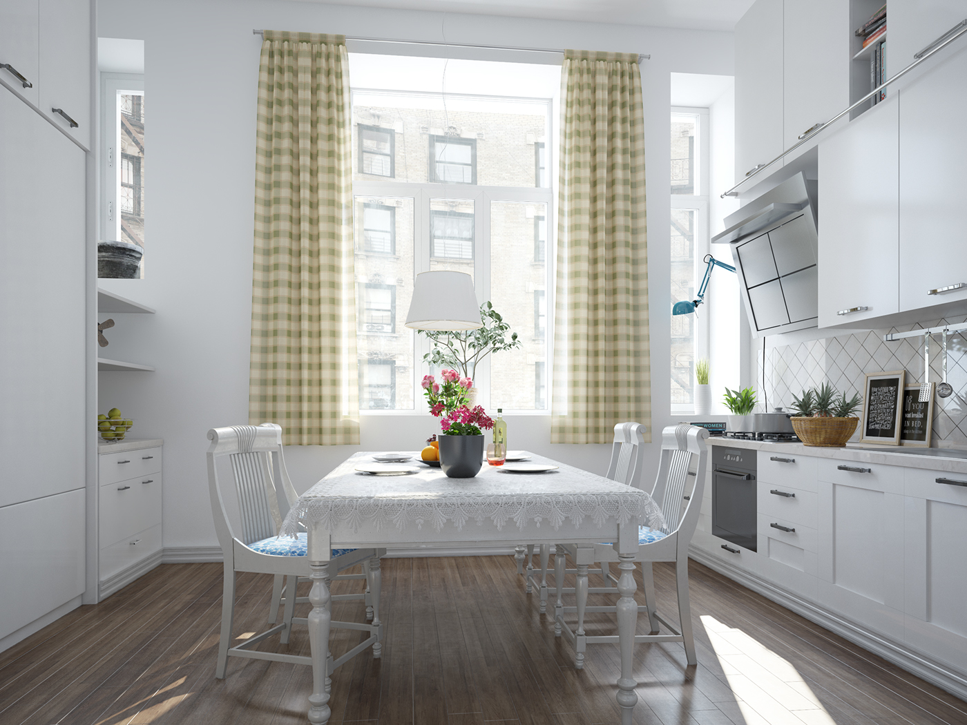 3D kitchen wood White orange Render material vray postproduction