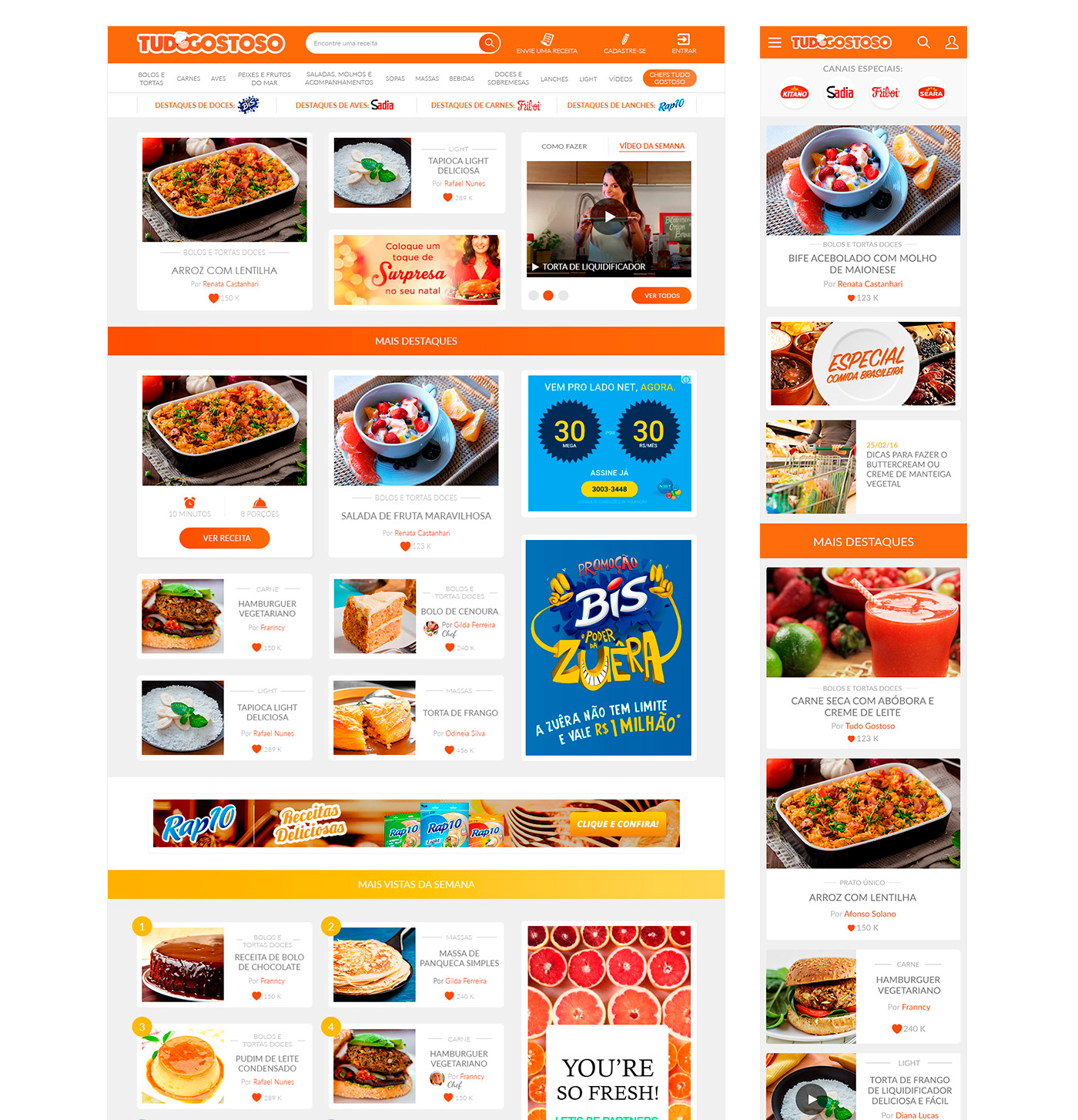 Tugo Gostoso UX design ui design Responsive Design Recipe website interface design mobile design Web Design  content website Food Website