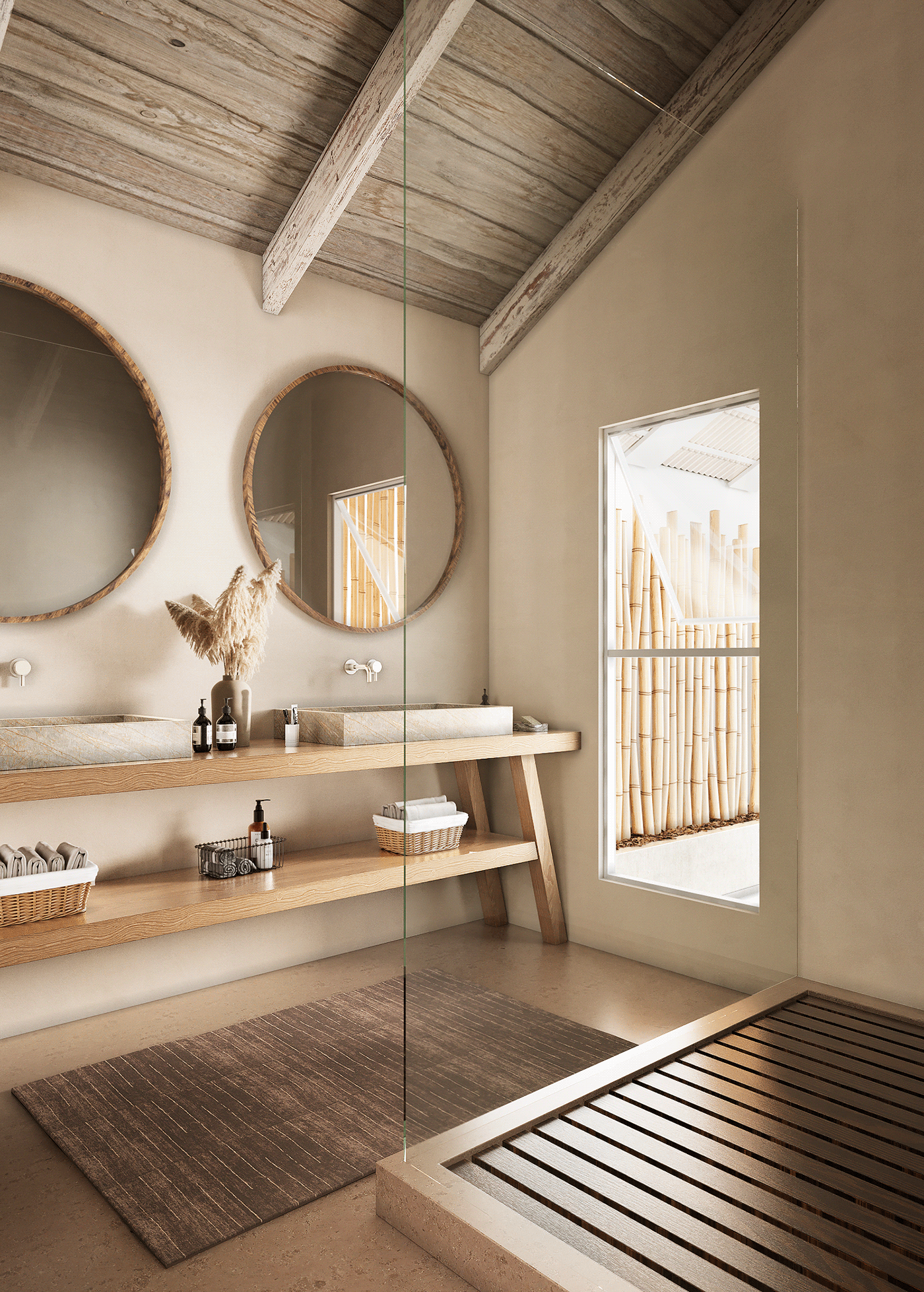 bathroom mirrors warm visualization interior design  corona wooddesign beams interiorvisualization 3dsmax