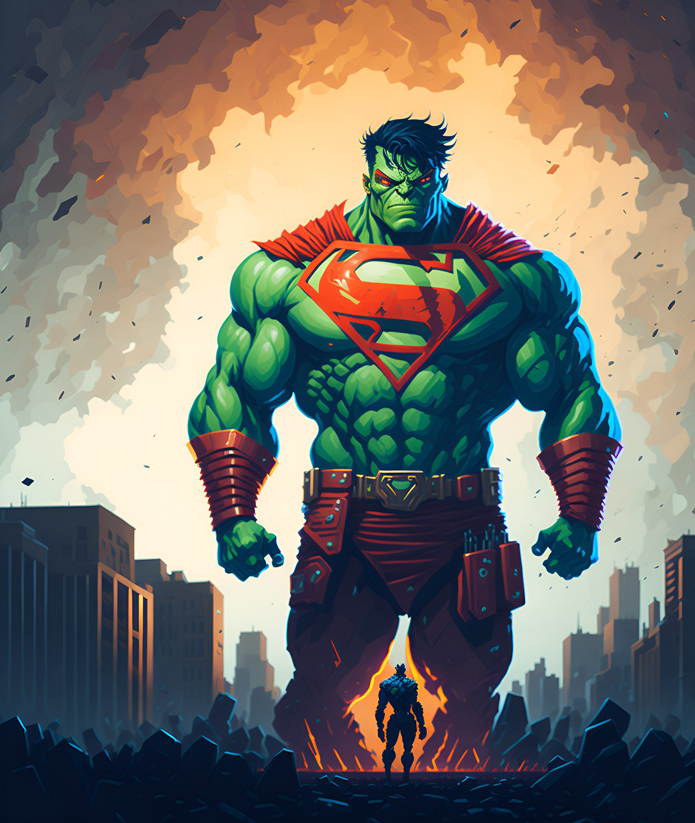 a full body picture of hulk and superman combined superhero colorful light  futuristic style