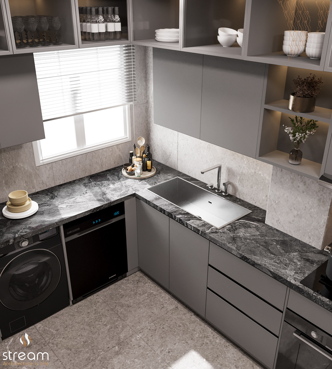 kitchen interior design  architecture Render 3ds max corona design photoshop grey