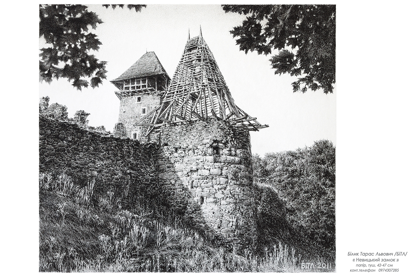 graphic ink on paper Landscape Castle ink pencil замки України Medieval Castle клевань Drawing 
