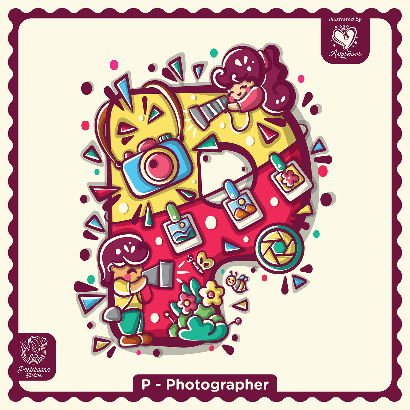 Cute chibi kawaii photographer characters alphabet professions as a vector image.