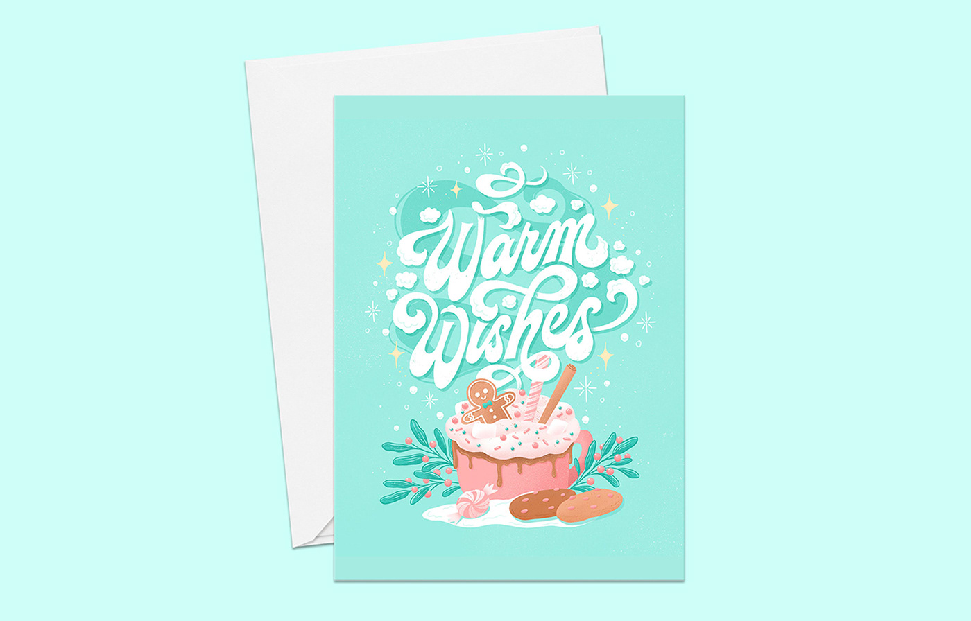 Festive greeting card featuring playful hand lettering inspired by hot chocolate 