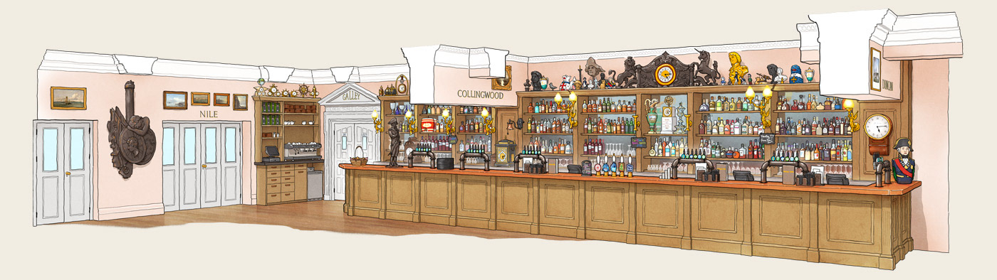 cutaway crosssection Interior Tavern bar pub greenwich London detailed infographic