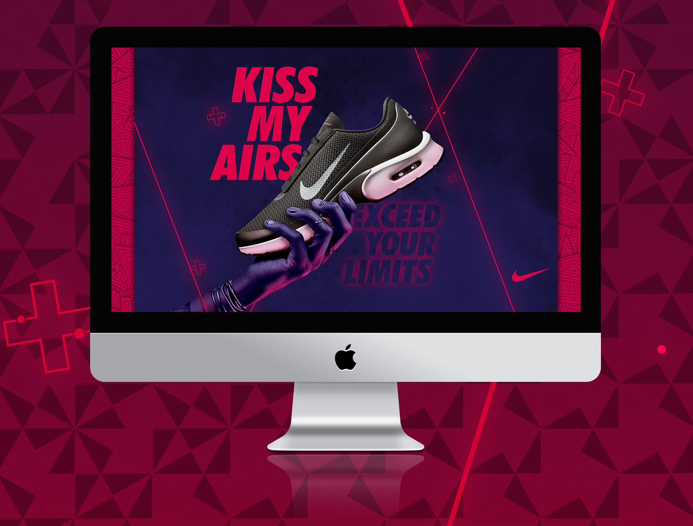 nike shoes kiss my airs projects study purple hands manipulation led neon pink poster social media wallpaper advertising ad propaganda tênis tenis neon air