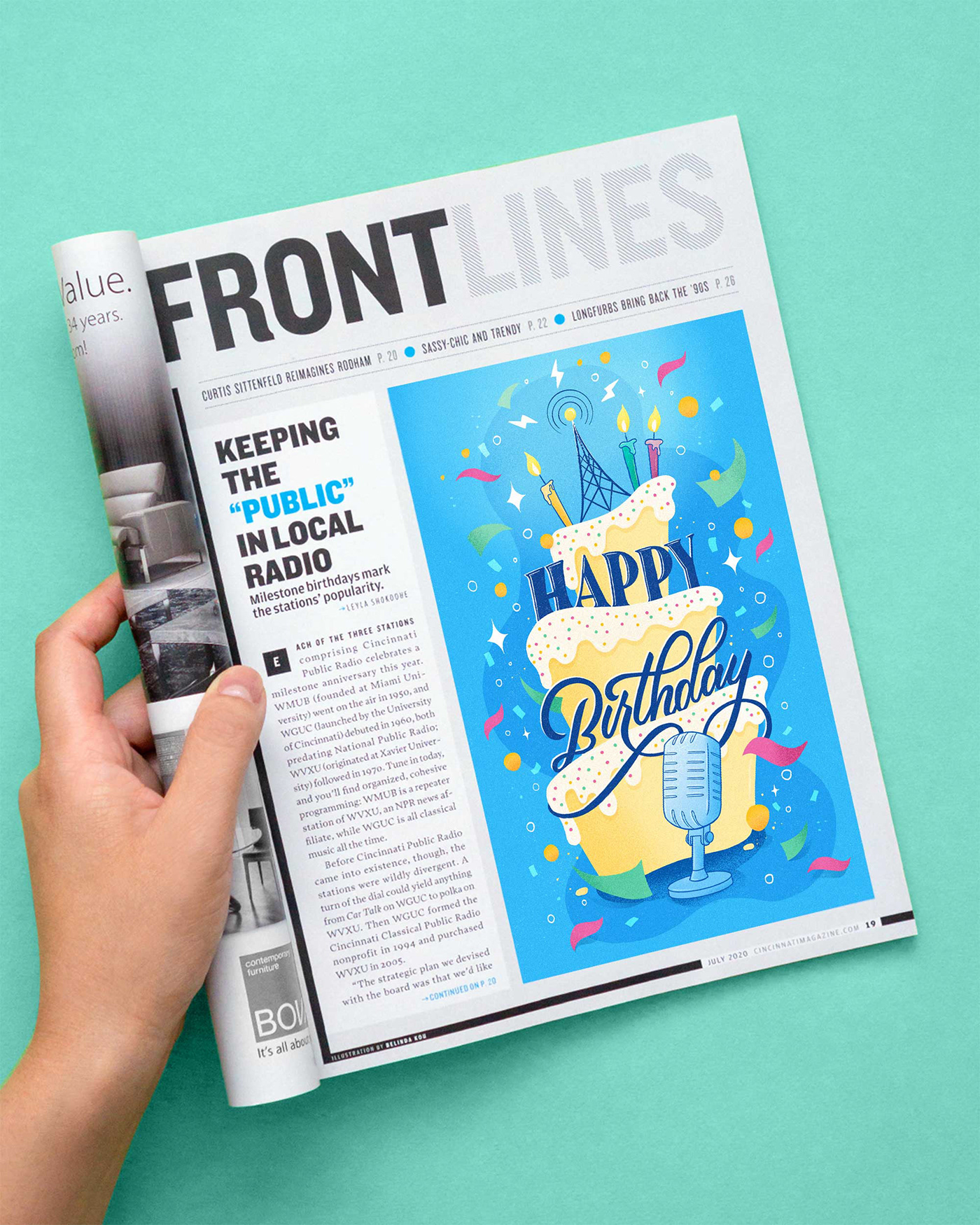 Hand holding a magazine opened to an article with an editorial illustration and hand lettering.