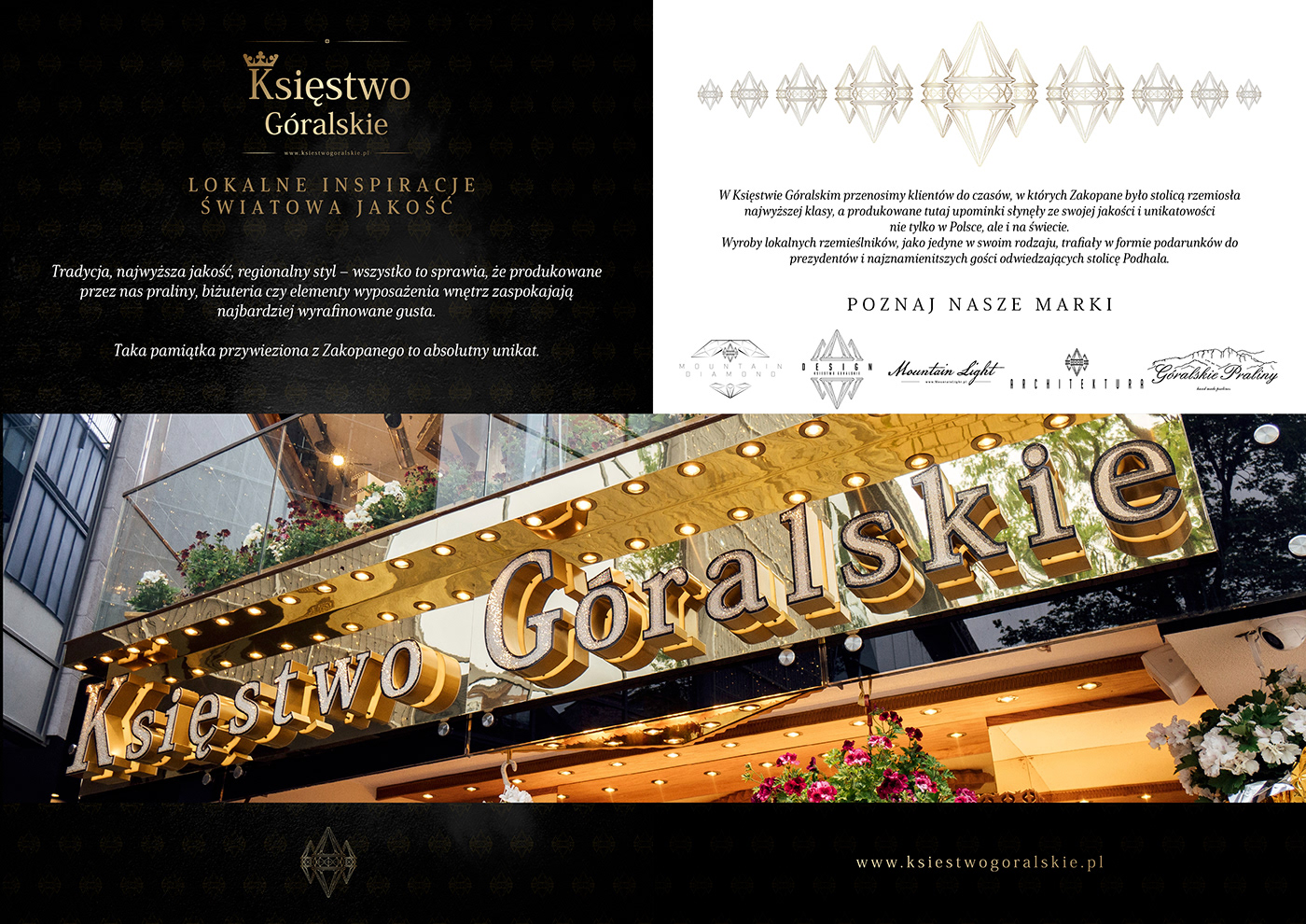 Catalog design for "Księstwo Góralskie" with jewelry, clothing, furniture, diamonds, car rims, gold 