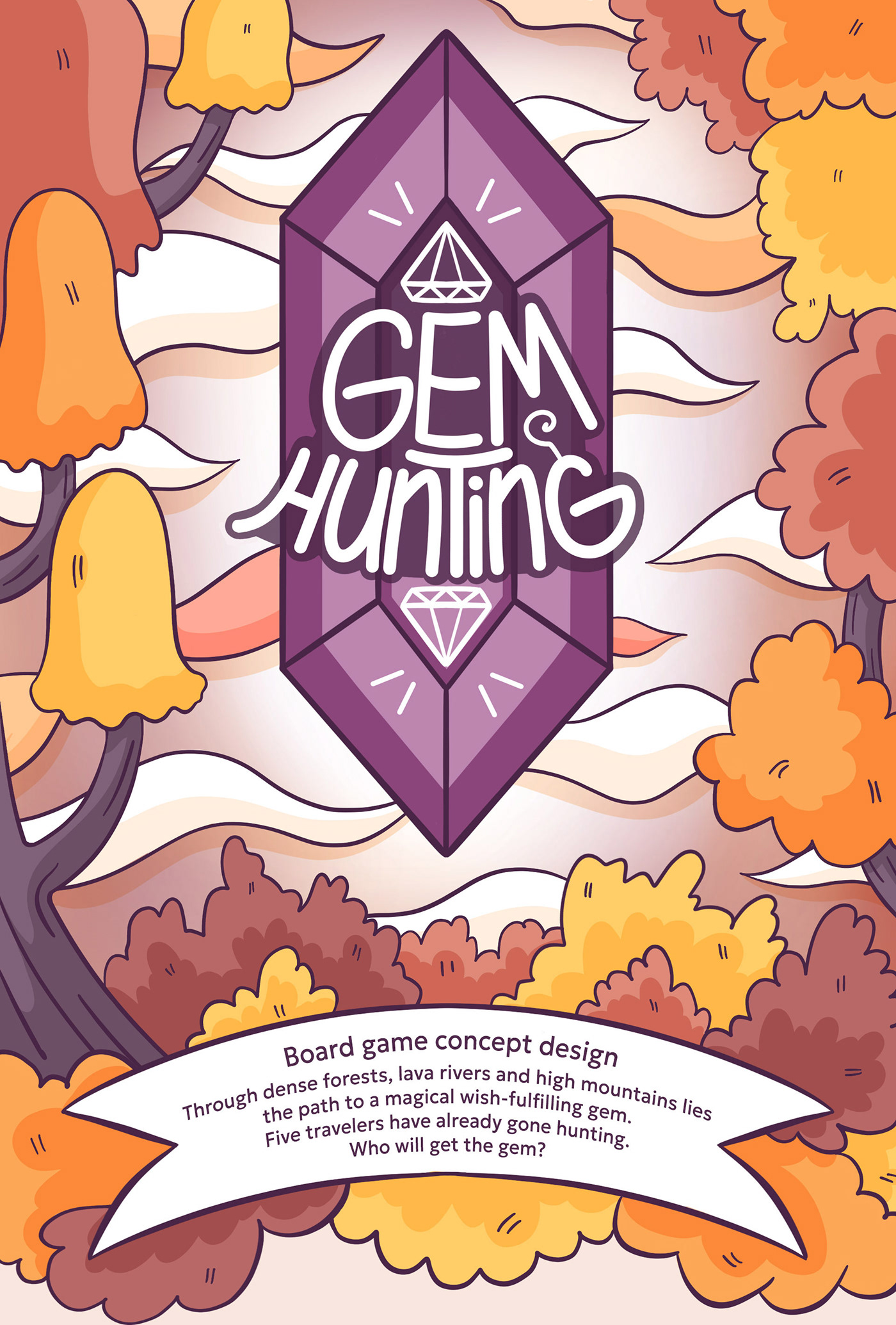 Gem hunting lettering with autumn landscape on the background. Board game concept design. 
