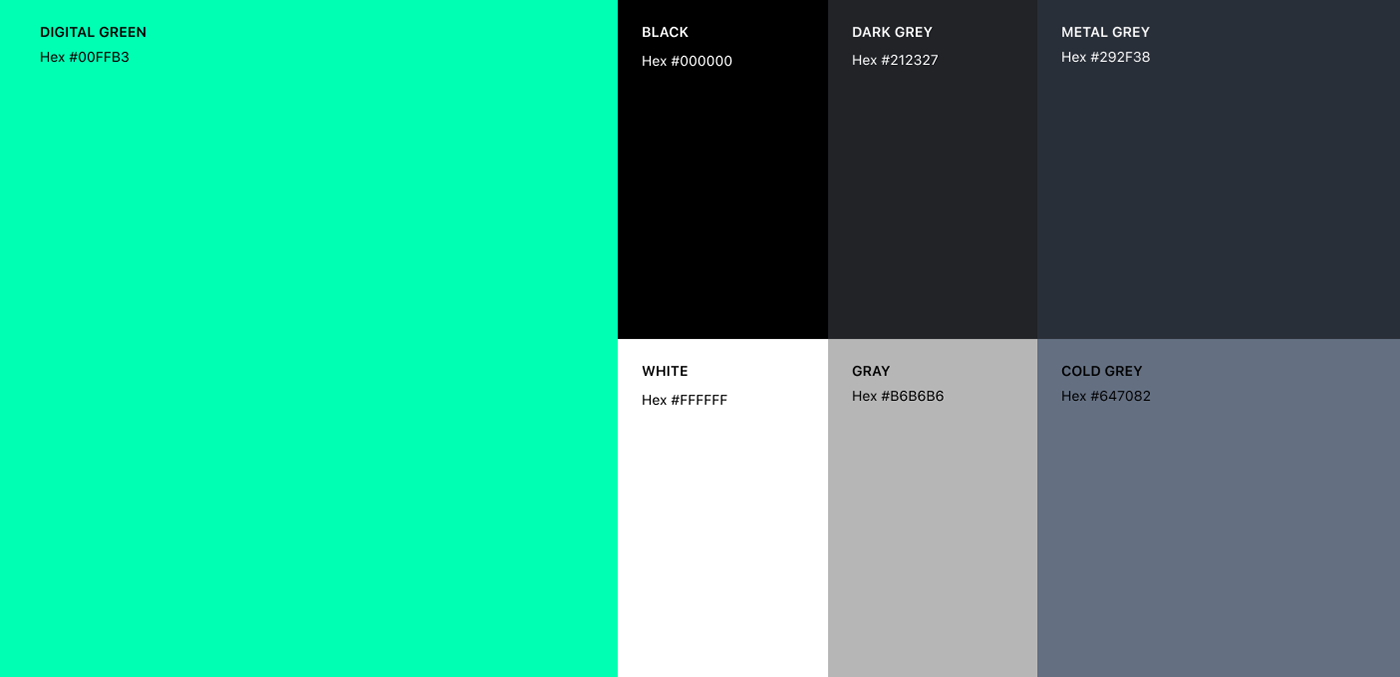 Describing colors using in project. Dark palette with neon green accent