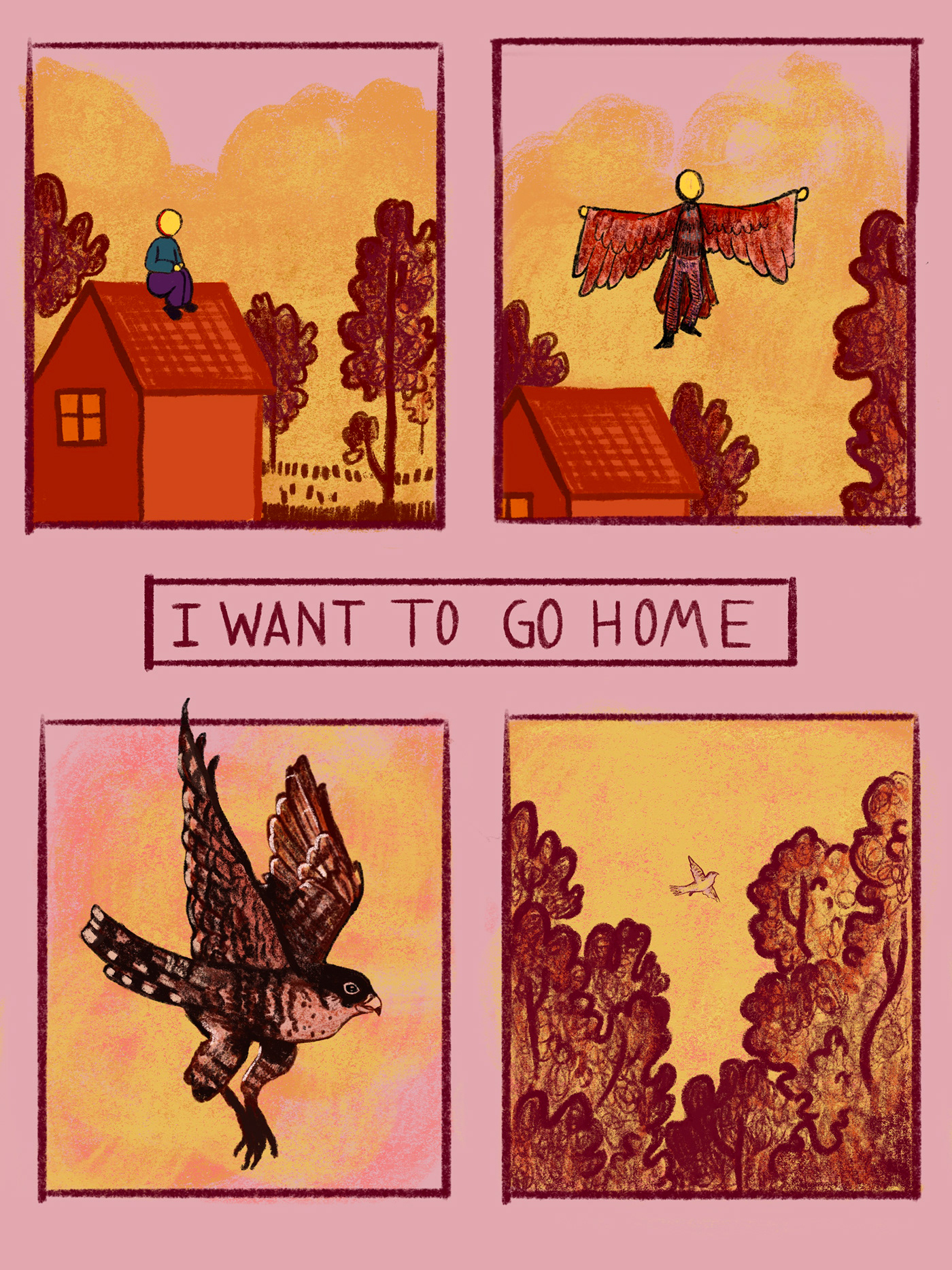 birds comic Digital Art  Drawing  figure house narrative Procreate sequence trees