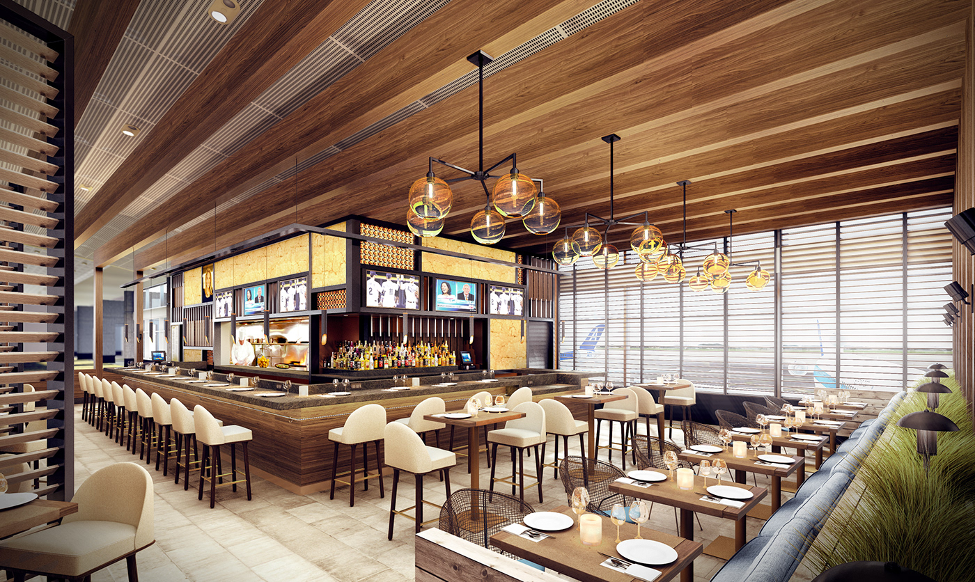 airport Flying Food  High End Interior pitch rendering restaurant terminal
