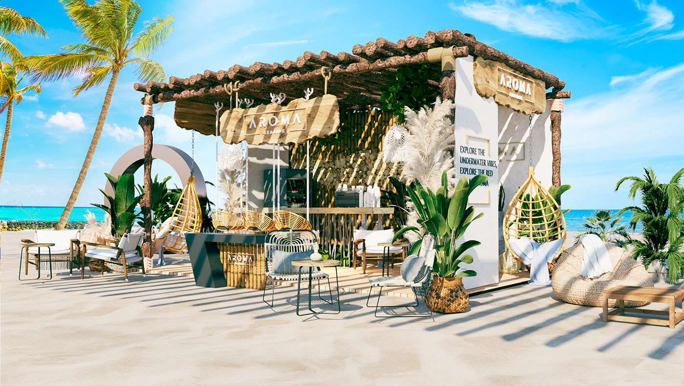 boho summer beach booth Exhibition  Event festival rendering architecture sea