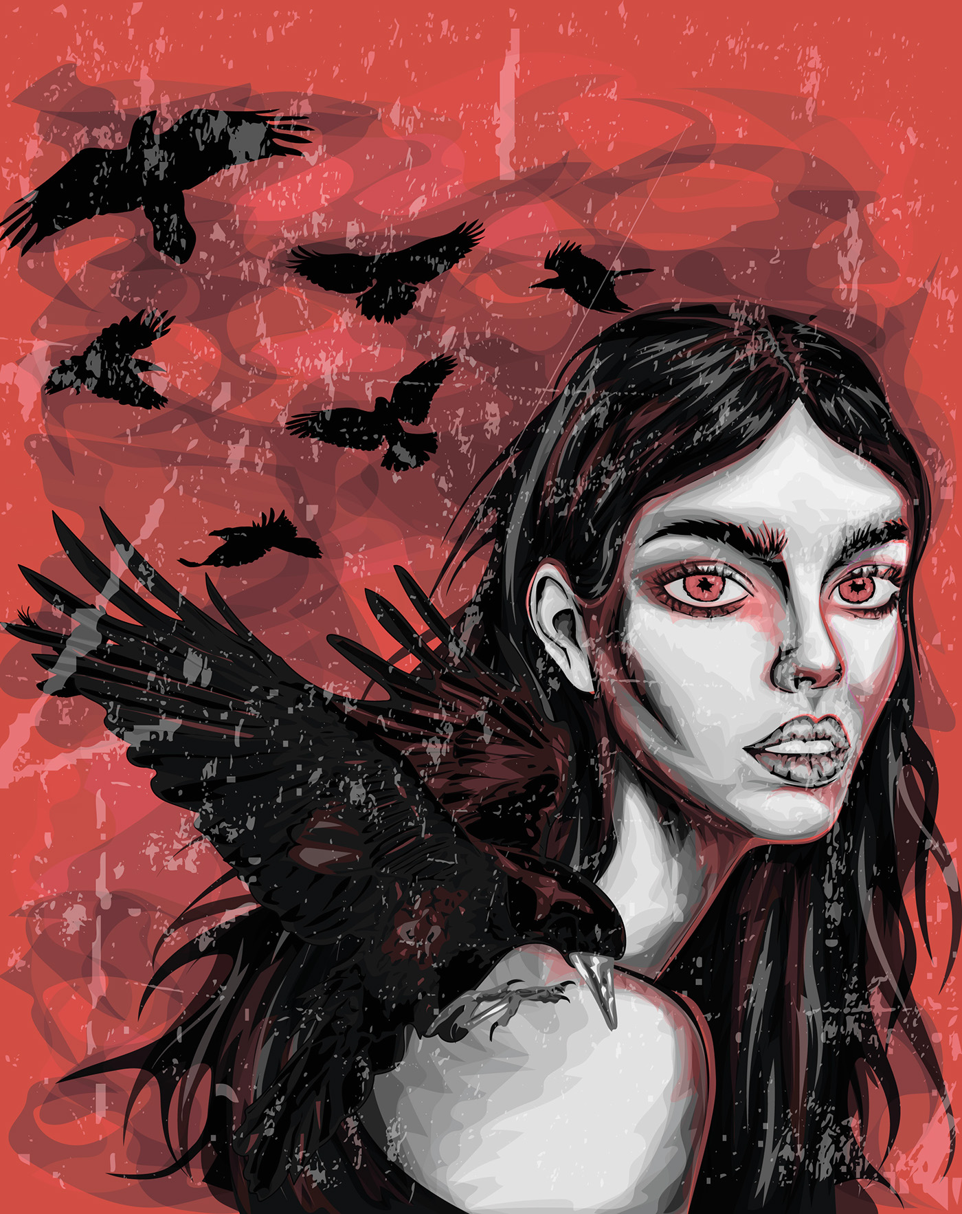 red ravens big eyes vector ILLUSTRATION  art poster Gothic Art vector portrait Stylized Art
