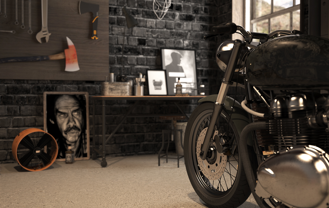 cafe racer vintage Retro nick cave motorcycle Workshop Custom vray 3dsmax garage