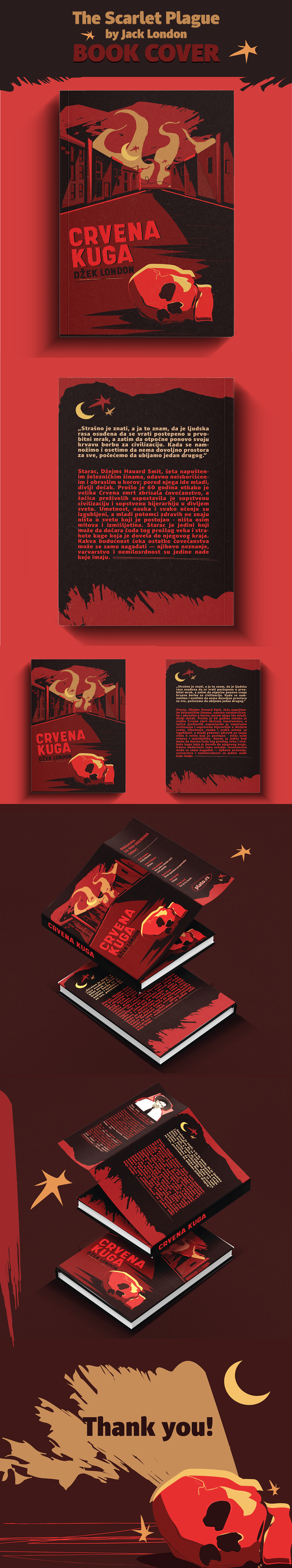 Apocalyptic book cover design featuring a red skull amidst flames and destruction, Scarlet Plague  