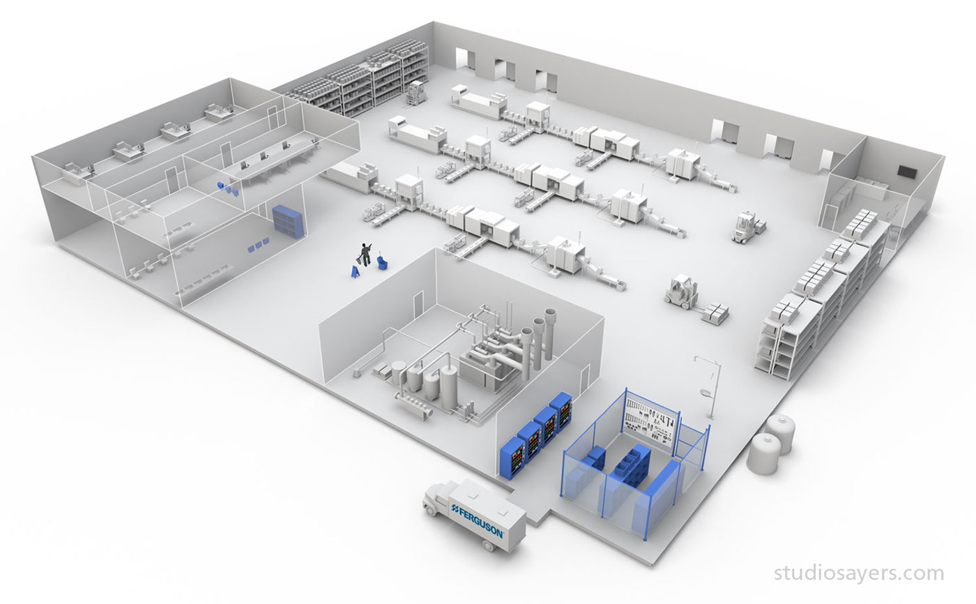 cutaway factory industrial 3D technical process diagram Ghosted