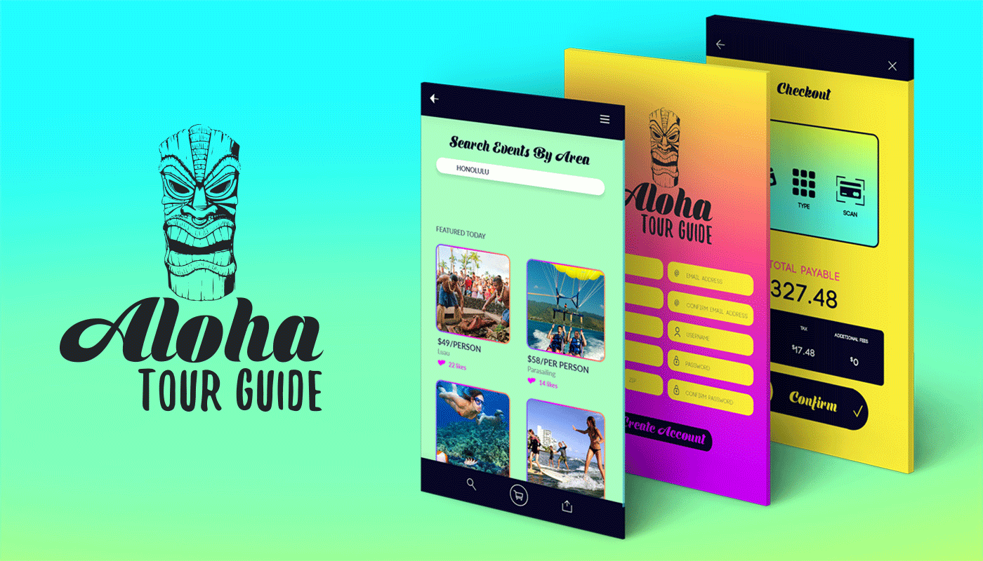 neon HAWAII app ui ux Adobe XD Tropical branding  tour guide graphic design  IOS and ANDROID
