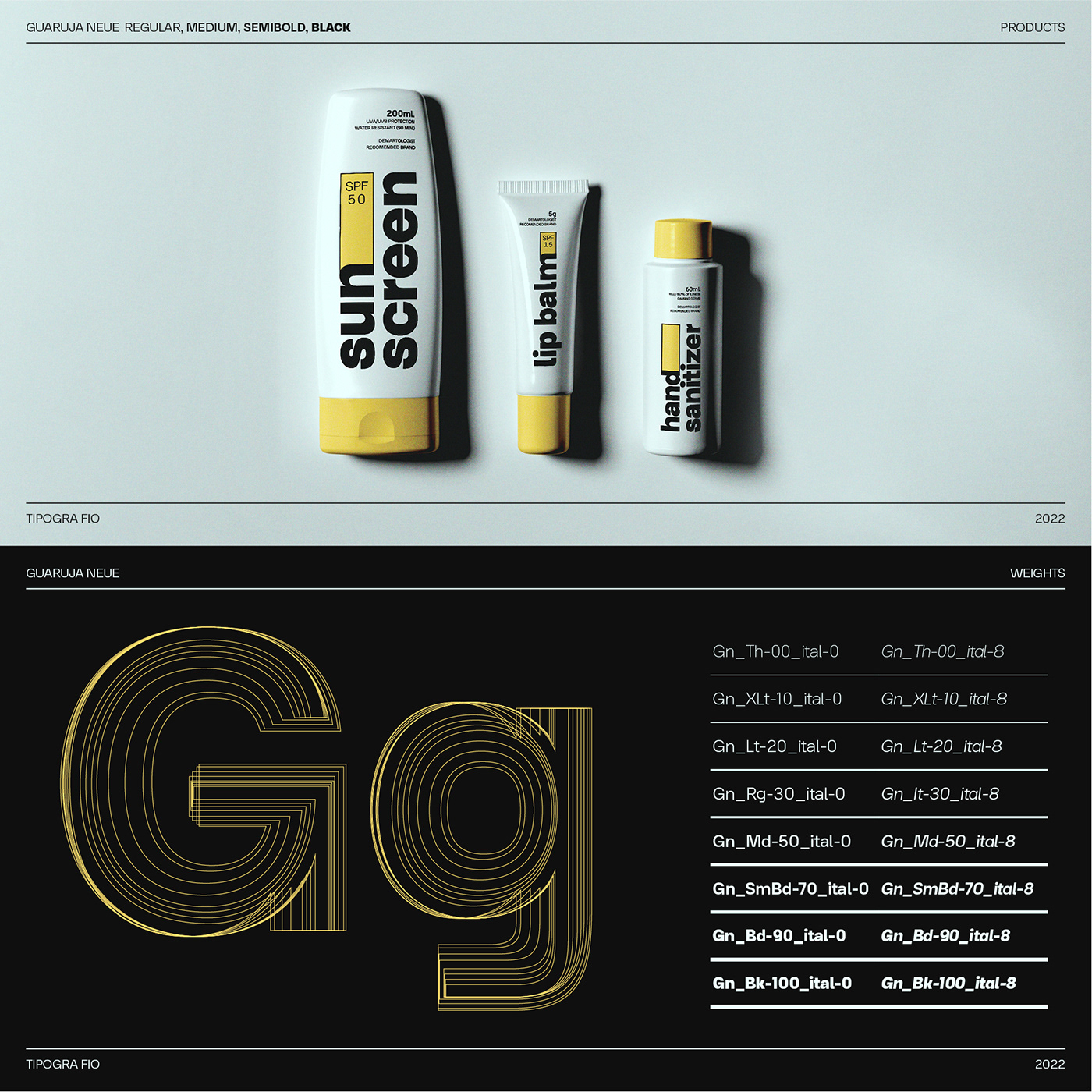 Mockup of Guaruja Neue applied in cosmetic packaging and layout of weights