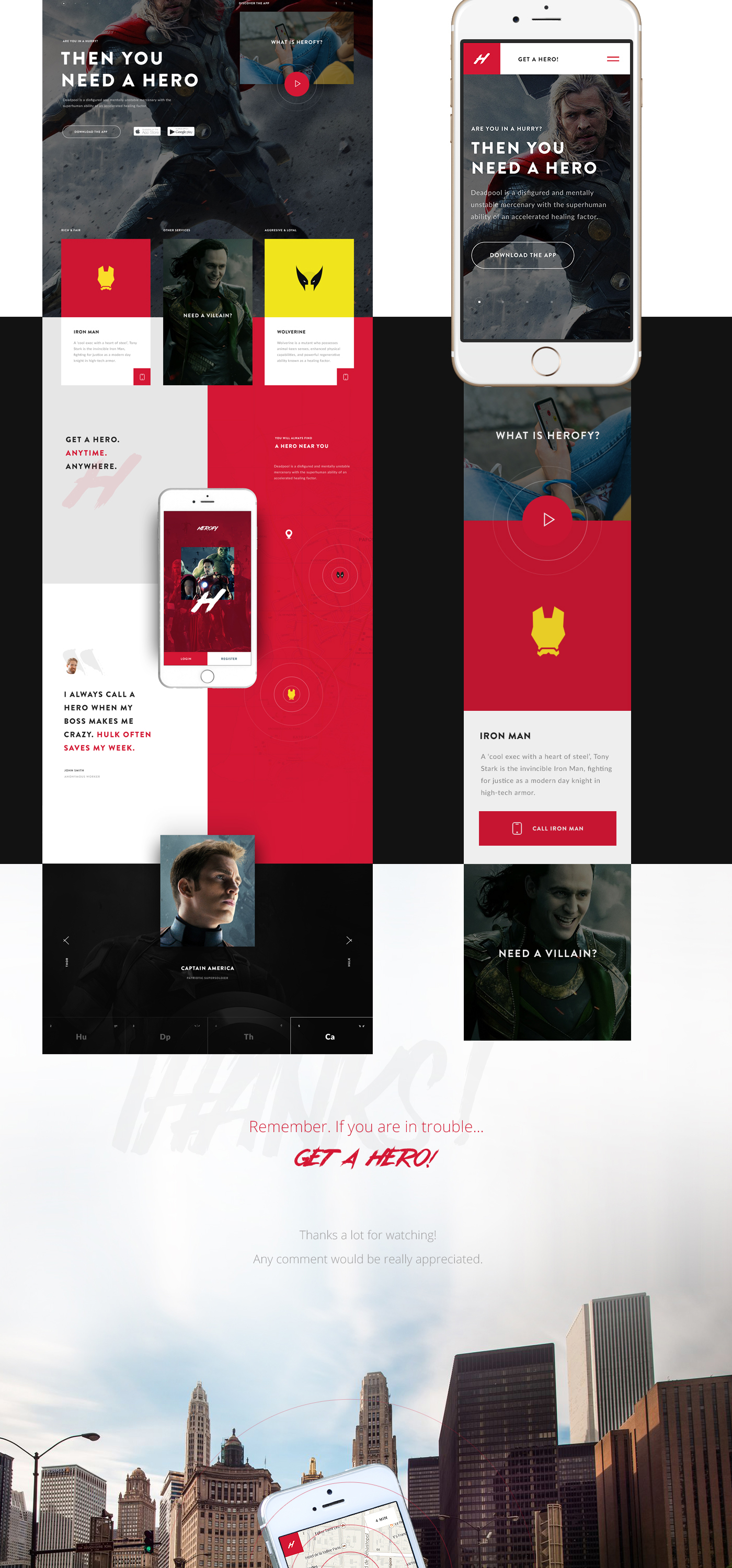 Hero app UI ux illustrate Responsive type user experience user interface color Avengers watch Web apple watch
