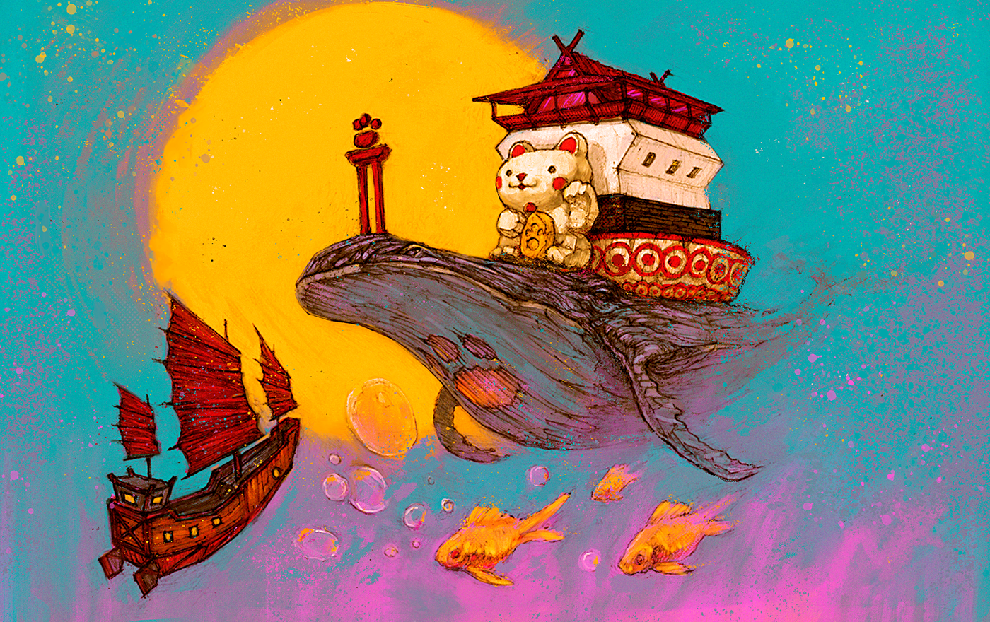 ILLUSTRATION  whimsical neko dream Whale journey adventure