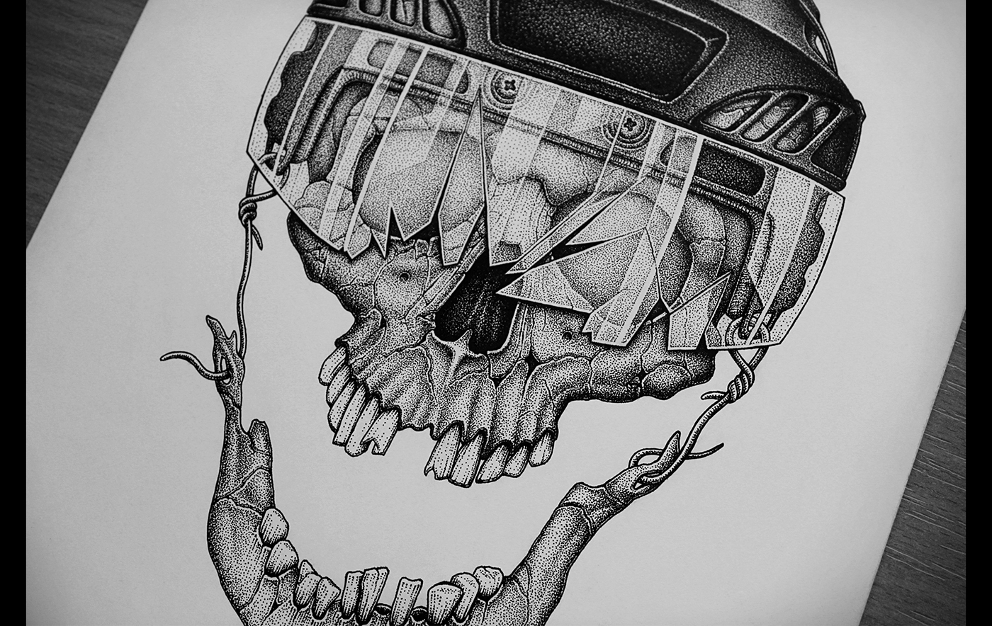 dotwork stippling Pointillism ink skull hockey horror humanskull dots inkonpaper
