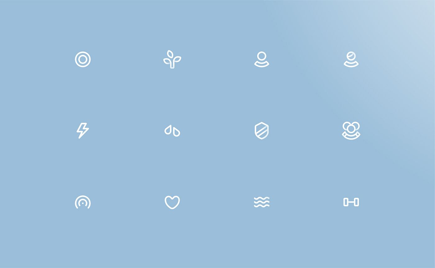 A set of 12 icons desinged with the layering language in the logomark set againt a sky blue gradient