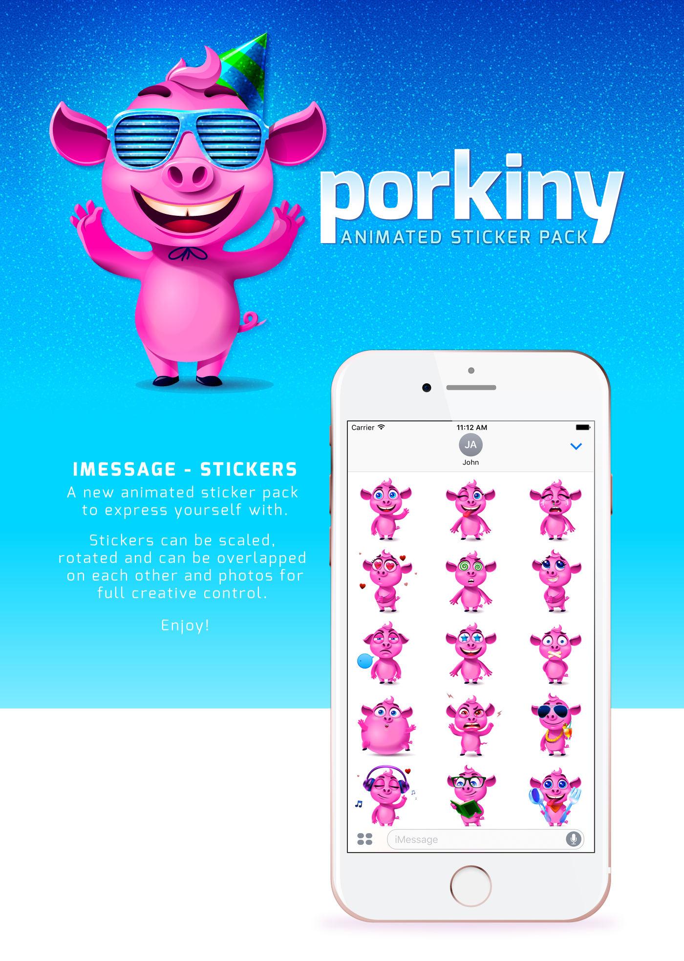 stickers iOS App pig porkiny Emoji party Movies happy emotions excitement