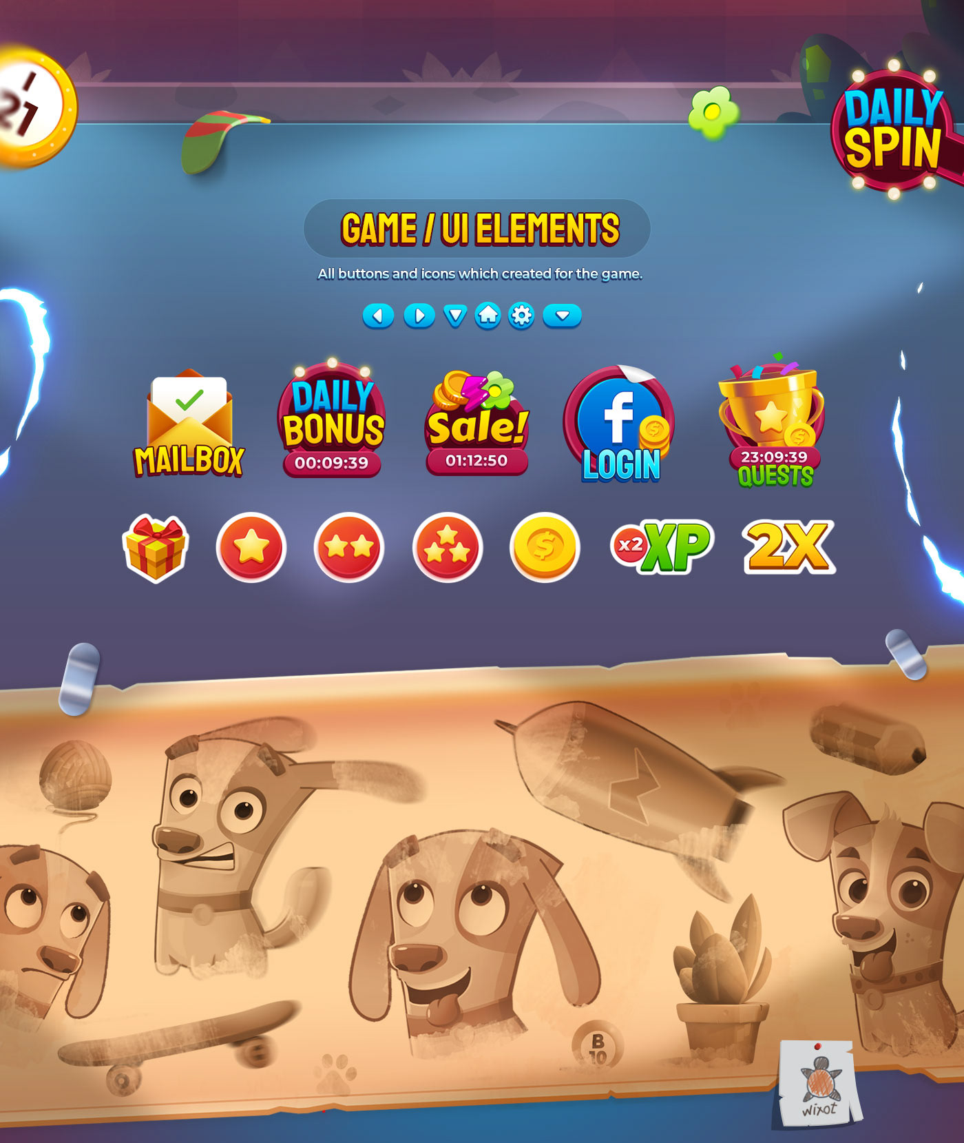 bingo daub mobilegames Idle game game ui Wixot puppy powerups cartoon