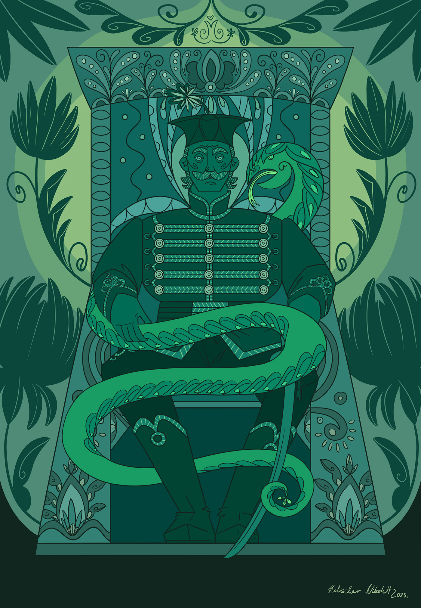 ceramic Pottery snake hussar Folklore green hungary ILLUSTRATION  Digital Art 