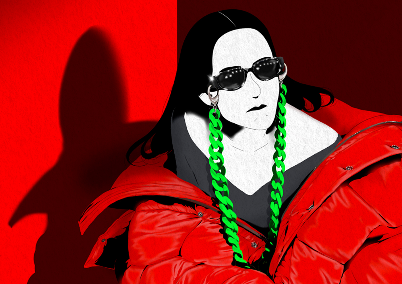 fashion illustration Fashion  ILLUSTRATION  Balenciaga bazar bag red girl black hair down jacket elisa lable