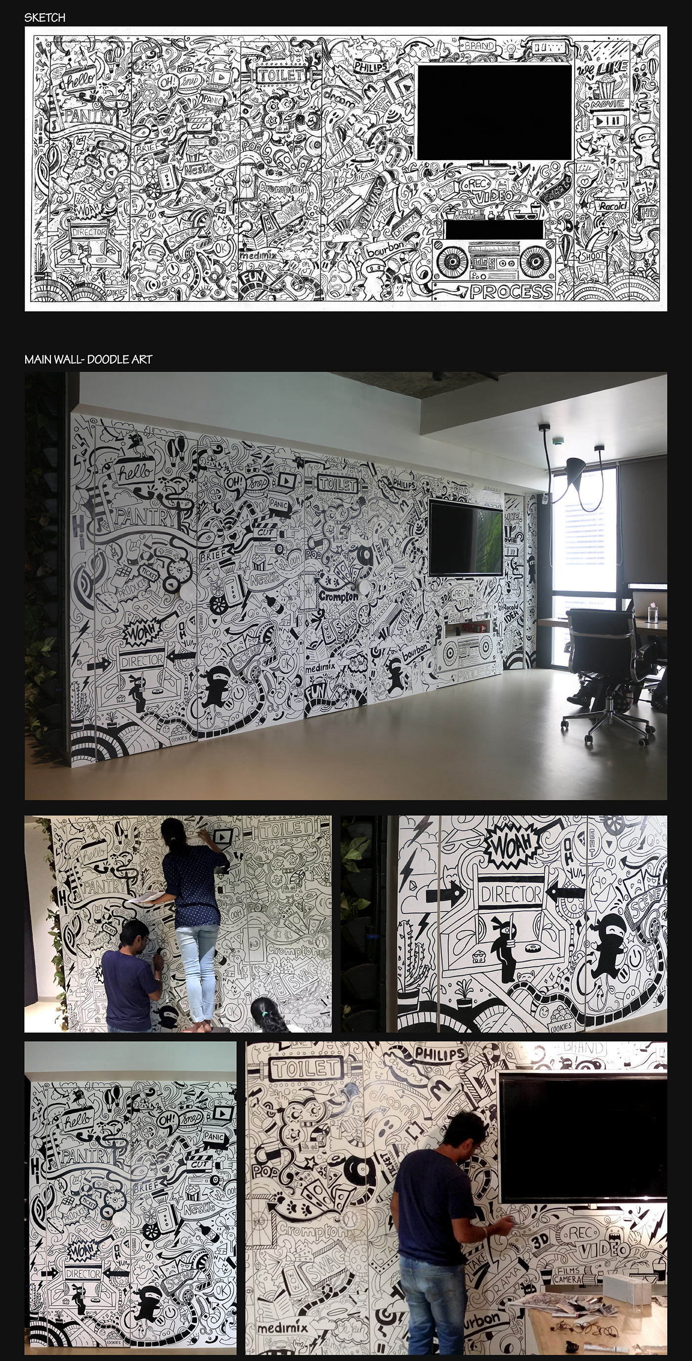 wall art Murals Office Interior doodle distress painting fairytale art branding  Films Agency urban wall